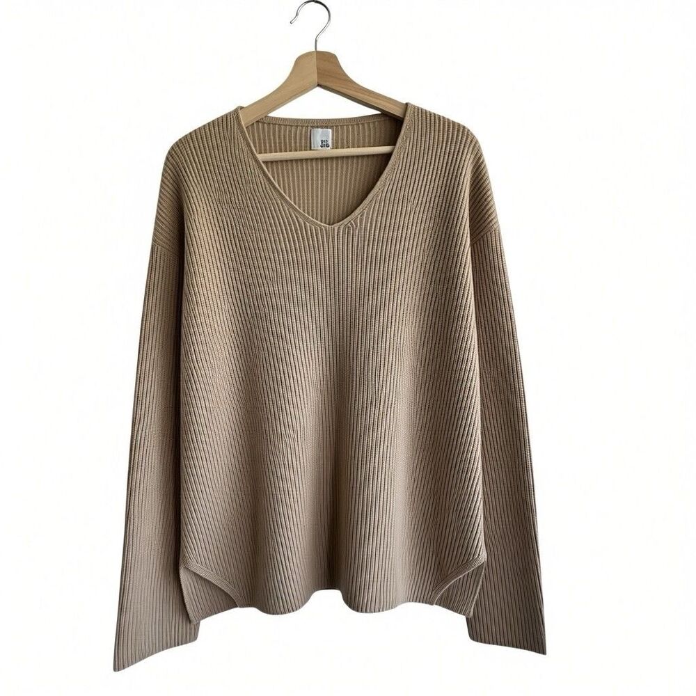 Iris & Ink Sweater XS Oversized Merino Wool Tan V Neck Relaxed Cozy Minimal